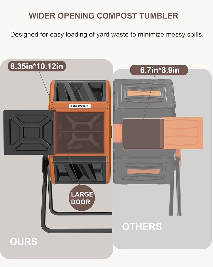 THE Growing 53 Gallon Large Outdoor Compost Bin Tumbler Barrel, Orange | Heavy duty dual 26.5gal sections for bulk yard waste. Reinforced frame adds stability. Easy bolt assembly without washers.