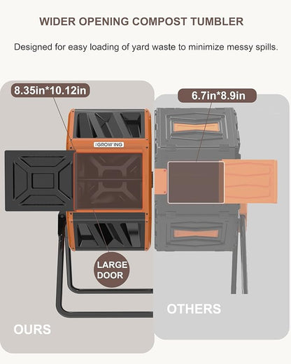 THE Growing 53 Gallon Large Outdoor Compost Bin Tumbler Barrel, Orange | Heavy duty dual 26.5gal sections for bulk yard waste. Reinforced frame adds stability. Easy bolt assembly without washers.