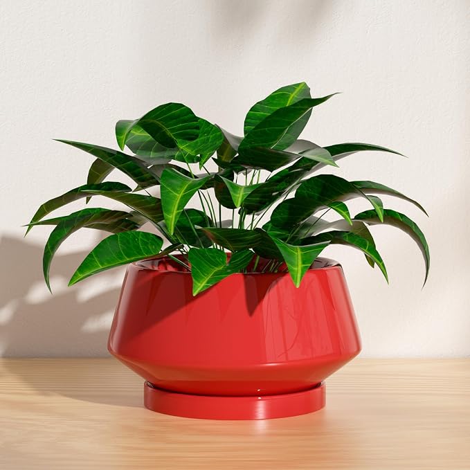 10 Inch Red Ceramic Planter with Drainage Hole and Saucer | Ideal for Indoor and Outdoor Plants, Modern Home Decor, Round, Gloss Red
