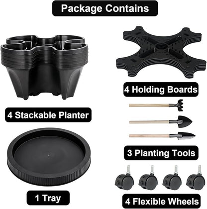 GameXcel Vertical Planter Tower - 5 Tier Stackable Garden Planters with Wheels and Tools Plant Pots for Strawberry Herb Flower and Vegetable Indoor Outdoor Use Black
