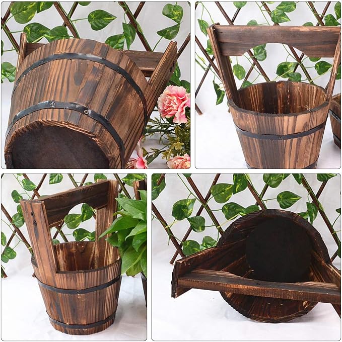 DOITOOL Hanging Planters Rustic Wooden Bucket Planter Hanging Pot Rustic Bucket Wooden Wishing Well Succulent Planter Pot for Patio Garden Backyard Fence Indoor Hanging Planters