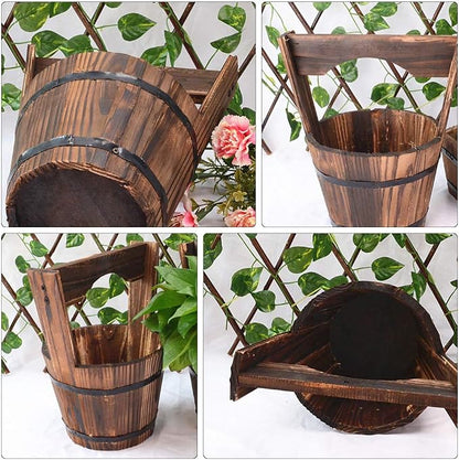 DOITOOL Hanging Planters Rustic Wooden Bucket Planter Hanging Pot Rustic Bucket Wooden Wishing Well Succulent Planter Pot for Patio Garden Backyard Fence Indoor Hanging Planters