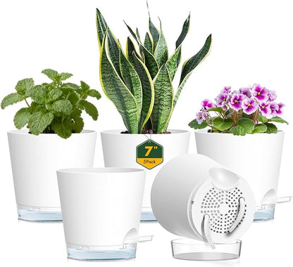 Meowell 7 inch Self Watering Pots for Indoor Plants, 5 Pack Plant Pots with Drainage Holes & Clear Reservoir for Visible Water Level, Plastic Wicking Planter Pots for House Plants and Flower, White