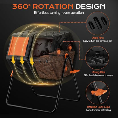 Update Compost Bin Outdoor 45 Gallon, Dual Separate Chamber 360°Rotating Composter, Garden Compost Bin for Fast Composting, Easy Assemble Compost Tumbler for Outside, Backyard, and Yard