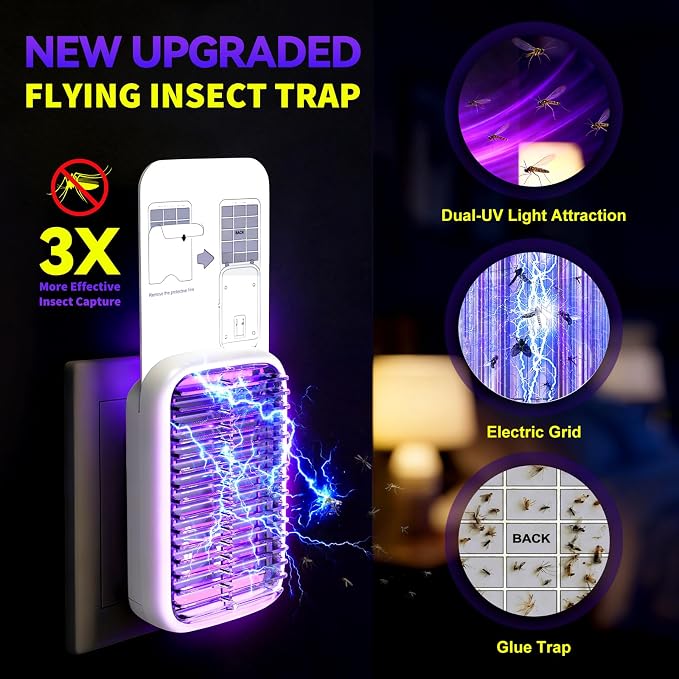 Upgraded Fruit Fly Traps for Indoors, Flying Insect Trap for Fruit Flies, Gnats, Plug in Bug Zapper Indoor with Dual-UV Lights & Trapping, Electric Grid & Glue Traps
