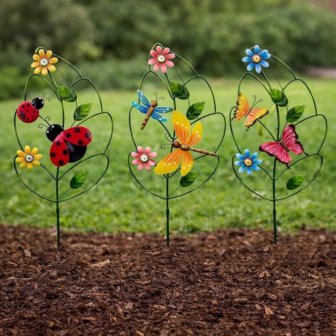 Metal Garden Stakes Set of 3 - Leaf Shaped Plant Support with Butterfly, Dragonfly & Ladybug, Whimsical Yard Art Garden Decorations for Outdoor Lawn Patio Pathway