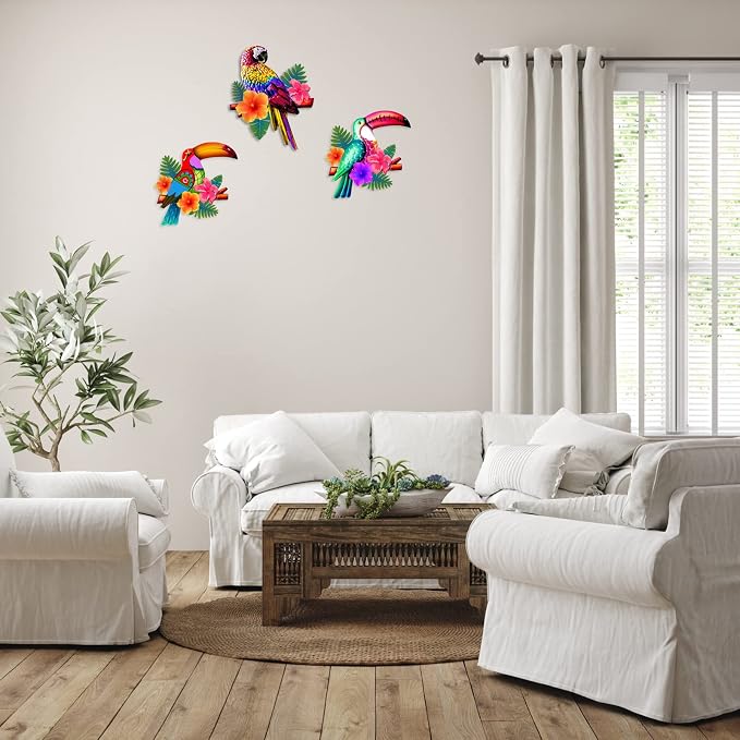 Meduofon 3 Pack Metal Birds Wall Art Decor, Beautiful Parrot Toucan Outdoor Wall Decor for Patio Wall Fence Deck Garden Home Balcony Tropical Bird Macaw Wall Sculpture Hanging for Indoor Outdoor