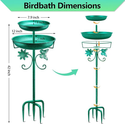 Daoeny Bird Bath for Outside, 42In Vintage Freestanding Birdbaths for Outdoors, Double Metal Bird Bath Feeder Bowls for Garden Patio Yard Lawn Decor, Upgraded 5-Pronged Base (Green)