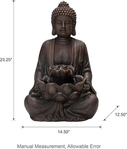 Glitzhome Zen Style Meditating Buddha Statue Fountain Polyresin Outdoor Decoration with Pump and LED Light, 23.25" H