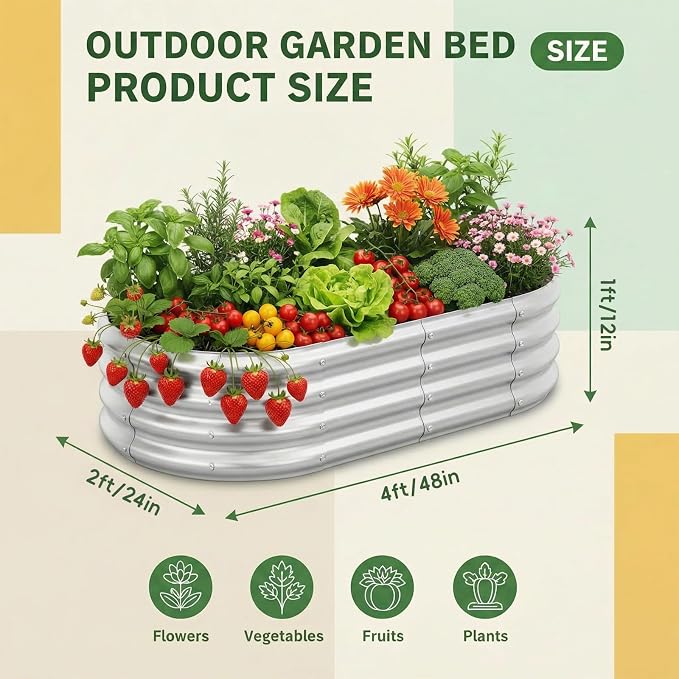 Land Guard 2 Pack 4×2×1ft Galvanized Raised Garden Bed Outdoor, Heavy Duty Bottomless Metal Raised Planter Box for Vegetables, Flowers, Herbs, Backyard Patio Gardening, Silver