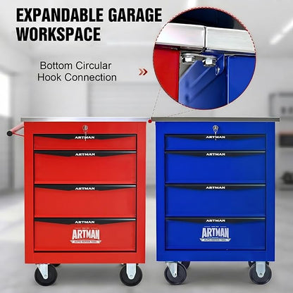 4-Drawer Rolling Tool Chest, Lockable Stainless Worktop for Garage, Blue | Heavy Duty Metal Tool Cabinet with Drawers on Wheels for Warehouse and Workshop Storage
