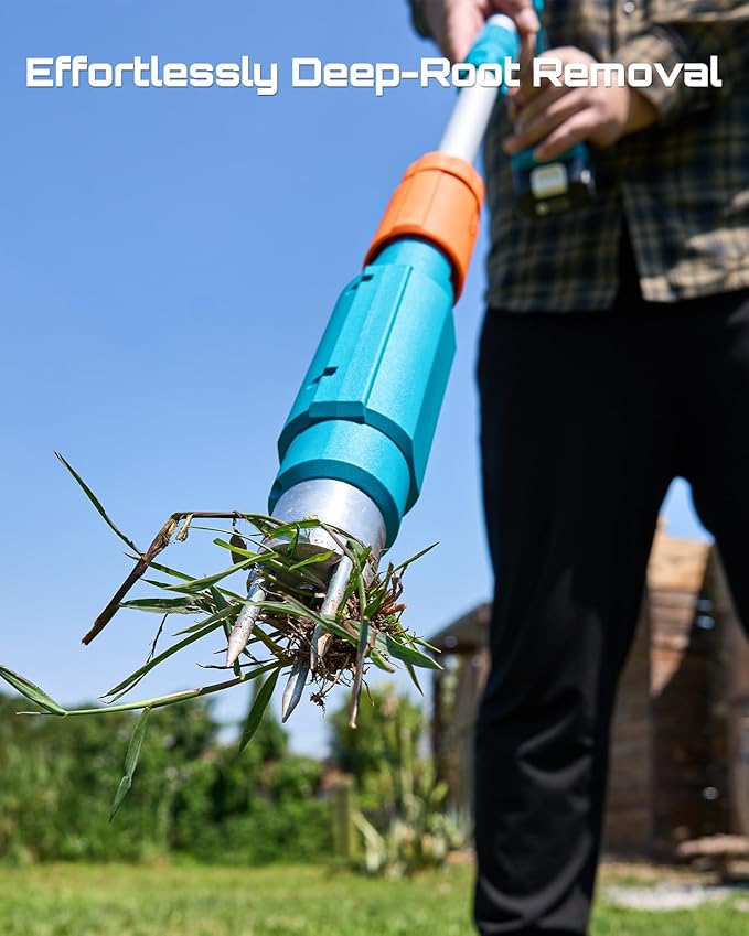 Seesii Electric Stand Up Weed Puller Tool with 2 x 2000mAh Batteries | 20V Battery Powered, Adjustable Handle, 3-Claw Steel Head, Dandelion Remover & Crabgrass Puller for Garden Lawn Yard