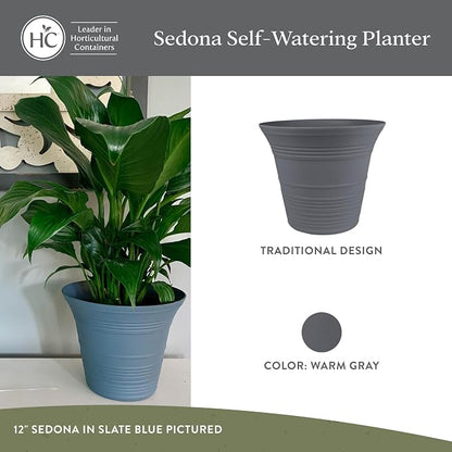 The HC Companies 16 Inch Sedona Round Self Watering Planter Pots, Lightweight UV-Resistant Plastic Indoor & Outdoor Planters, 2-Pack Flower Pots for Garden & Home Decor, Warm Gray