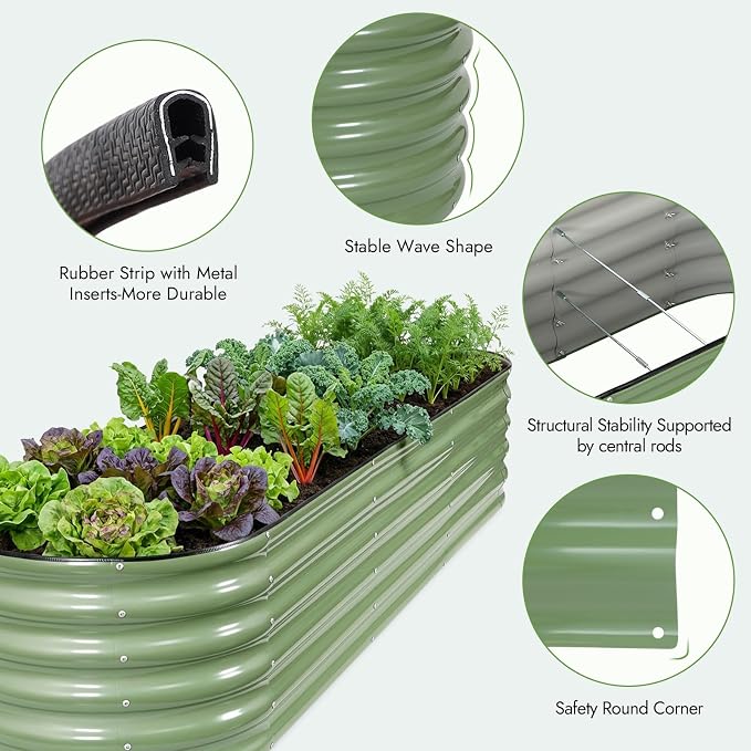 INNO STAGE Galvanized Raised Garden Bed Kits, 8x2x1.4FT Metal Raised Garden Beds Outdoor, 17'' Tall Large Steel Raised Planter Bed for Vegetables & Flowers Patio Ground Planter Box (Olive Green, 2Pcs)