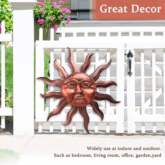 VCUTEKA 27" Sun Metal Wall Art Outdoor Decor Moon Wall Decoration Metal Wall Sculpture Hanging Garden Wall Art Wall Sculpture for Indoor Outdoor Patio Fence Decoration Brown