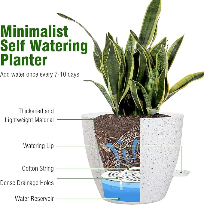 WSMKSZ 12 inch Large Self Watering Pots, Planter, Plant Pots with Multi Mesh Drainage Holes for Indoor Outdoor House Plants and Garden, Plastic Flower Pots with Deep Reservoir, Speckled White