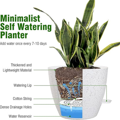 WSMKSZ 12 inch Large Self Watering Pots, Planter, Plant Pots with Multi Mesh Drainage Holes for Indoor Outdoor House Plants and Garden, Plastic Flower Pots with Deep Reservoir, Speckled White