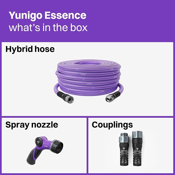 ESSENCE 5/8" 100ft Hybrid Purple Garden Hose – No-Kink Abrasion-Resistant with Durable Aluminum Fittings & Spray Nozzle, Ideal for Intensive Home & Garden Watering
