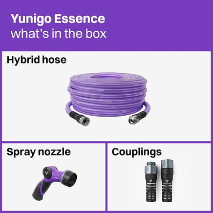 ESSENCE 5/8" 100ft Hybrid Purple Garden Hose – No-Kink Abrasion-Resistant with Durable Aluminum Fittings & Spray Nozzle, Ideal for Intensive Home & Garden Watering