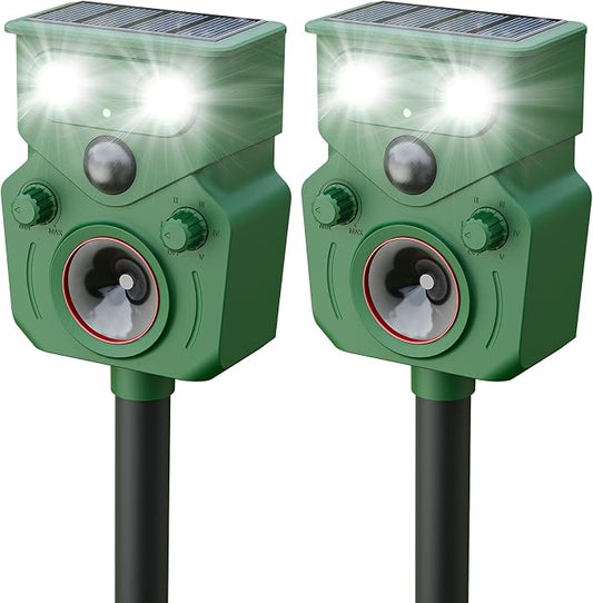 Solar Ultrasonic Animal Repellent Deer Repeller Repel Animals Outdoor Dog Repellent 2 Pack for Yard with Flashing Lights and 5 Working Modes for Garden Lawn Orchard