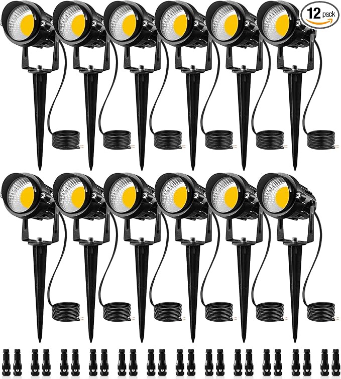 SUNVIE Low Voltage LED Landscape Lights with Spike Stand & Connector 12Pack | 12-24V 3000K Waterproof 900LM Pathway Garden Lights Wired Wall Tree Flag Landscape Spot lights Outdoor (No Transformer)