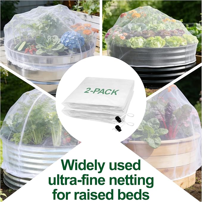 2 Pack Garden Netting for Raised Beds, Ultra-Fine Mesh Plant Covers with Drawstring, Bird, Pest & Small Animal Barrier for Vegetables, Fruits & Flowers, Fits 2 ft Dia x 1 ft H Round Raised Beds