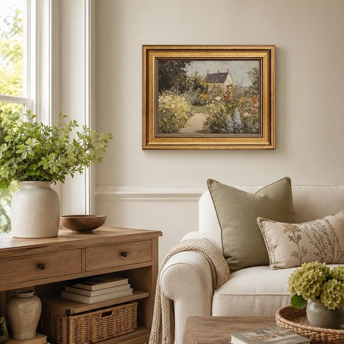 Devunaty Gold Framed Vintage Painting Wall Art Nature Wildflower Landscape Wall Decor Country Farmhouse Garden Floral Pictures Rustic Cottagecore Aesthetic Poster for Bathroom Living Room 16"x24"