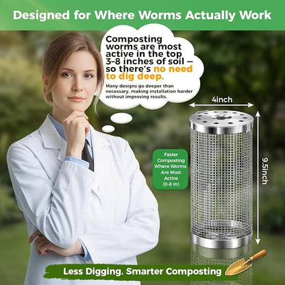 Worm Composter Worm Bin, Stainless Steel In Ground Compost Bin with Quick-Open Lid, Metal Worm Tower Composting System for Garden Beds, Underground Worm Farm, Outdoor Garden Vermicomposting Bin