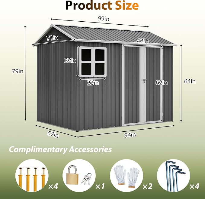 YOPTO 8X6 FT Metal Outdoor Storage Shed W/Window,Dark Gray | Heavy Duty Outdoor Shed W/ Lockable Doors & Sloped Roof,All Weather Waterproof for Garden,Patio,Backyard,Lawn