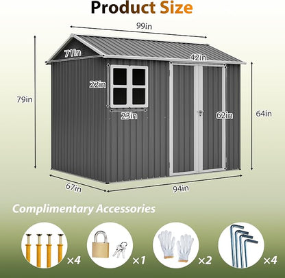 PVWIIK 8x6 FT Outdoor Storage Shed Metal, Heavy Duty Waterproof Steel Garden Tool Shed with Lockable Doors, Utility Storage Building for Backyard Patio Lawn Garden, Grey