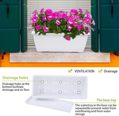 CHUKEMAOYI Window Box Planter, 7 Pack Plastic Vegetable Flower Planters Boxes 17 Inches Rectangular Flower Pots with Saucers for Indoor Outdoor Garden, Patio, Home Decor (White)