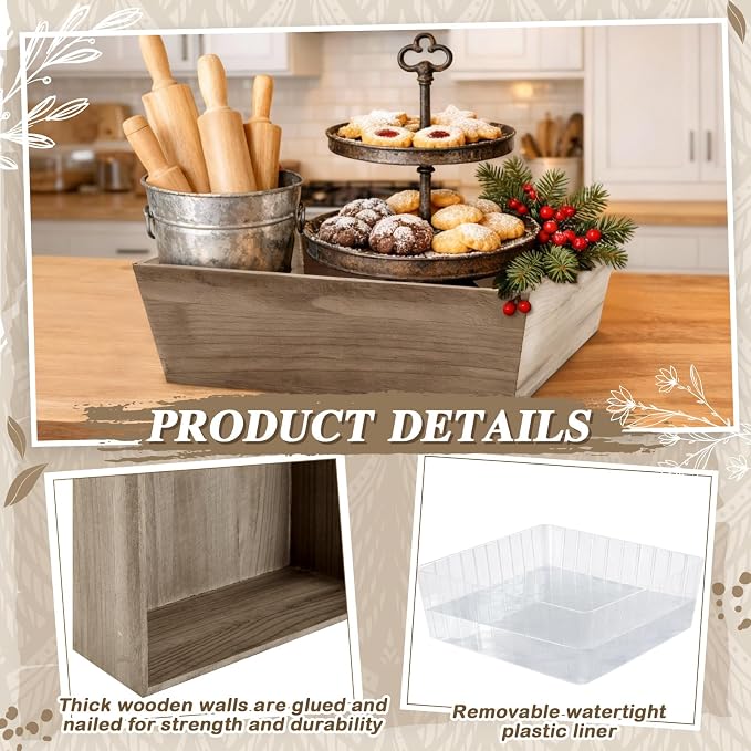 Dandat 2 Set Wooden Centerpiece Box for Wedding Table Decor 12 Inch Rustic Wood Planter Box with Removable Plastic Liner Flower Boxes for Party Wedding Baby Shower Home Garden Decor(Brown)
