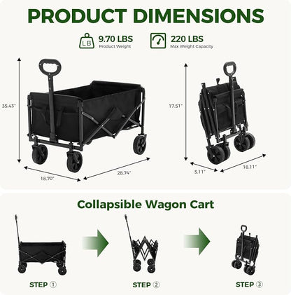 DUMOS Collapsible Wagon Cart, Heavy Duty Foldable Utility Wagon with Wheels – 220 lbs Capacity, Flexible Handle for Beach, Garden, Sports, Grocery & Camping, Black