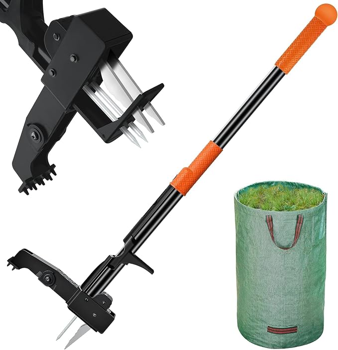 Weed Puller Tool Stand-Up - 40" Long Handle Weed Picker with Leaf Bag, 4 Claws Stainless Steel & Foldable Foot Board, Easy Weeding Removal, No Bending