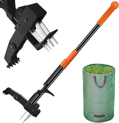 Weed Puller Tool Stand-Up - 40" Long Handle Weed Picker with Leaf Bag, 4 Claws Stainless Steel & Foldable Foot Board, Easy Weeding Removal, No Bending