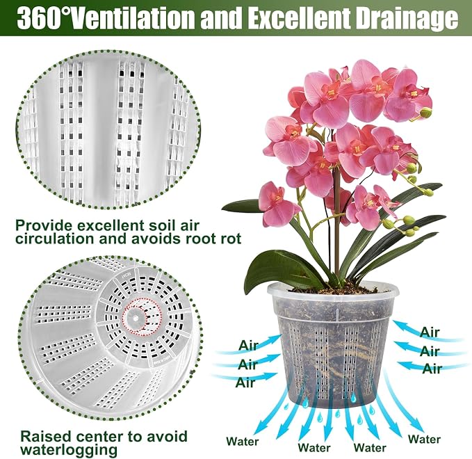 Orchid Pot with Saucers, 6 Pack Orchid Pots with Holes, 2 Each of 4.3",5.5",6.1" Clear Plastic Planter for Indoor Outdoor Plants (2 Each of 4.3,5.5",6.1" with Saucers)