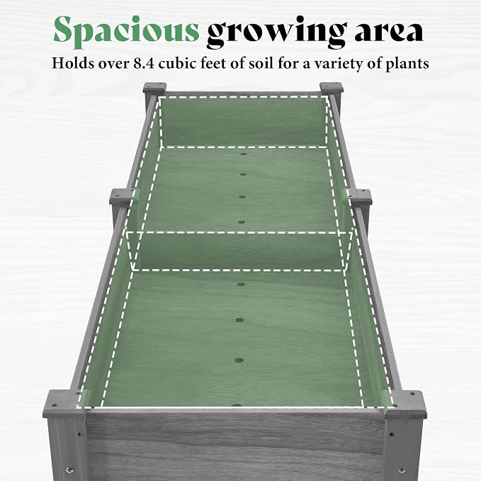 AMERLIFE Raised Garden Bed, 72x24x30 Inches Elevated Wood Planter Box with Legs, Bed Liner, Divider and Drainage System for Backyard, Patio, 300 lb Capacity - Grey