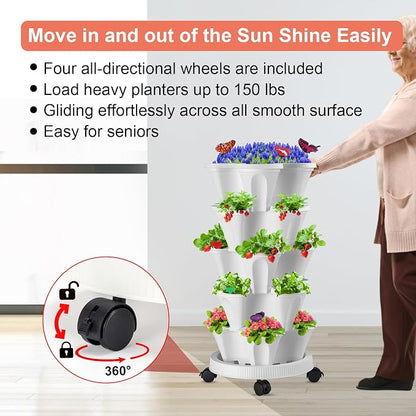 GameXcel Vertical Planter, 5 Tier Stackable Strawberry Planter with Garden Tool Set, Movable Indoor/Outdoor Garden Herb Pot for Growing Vegetables and Succulents, White