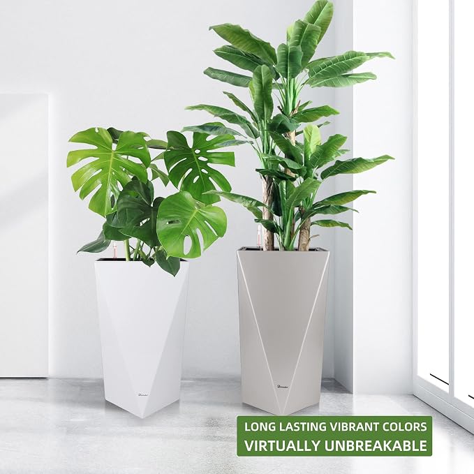 Dexceder 20 Inches Self Watering Tall Planter (White) | Diamond High Gloss, Thickened Rhombus Large Floor Standing Flower Plant Pot with Water Level Indicator Indoor Outdoor