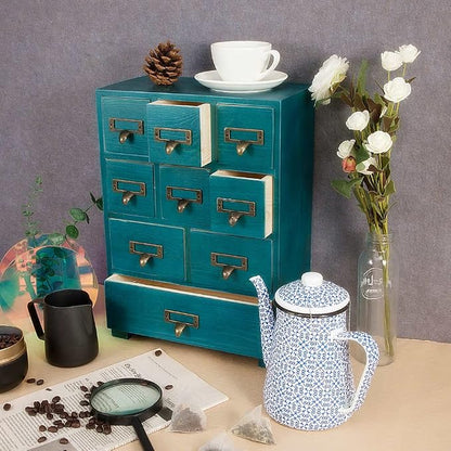 Apothecary Drawers Apothecary Cabinet with Drawers, Blue | 9 Drawer Library Card Catalog, Wooden Storage Box, Wooden Desktop Organizer with Metal Handles-Fulled Assembled