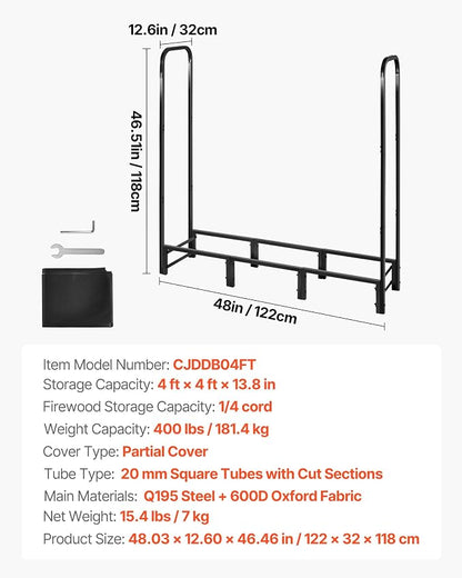 VEVOR Firewood Rack with Waterproof Cover, 4 ft Outdoor Firewood Holder, 1/4 Cord Storage Metal Log Holder, 400lb Max Weight Capacity, Top Covered, Powder-Coated Wood Storage Rack for Fireplace Deck