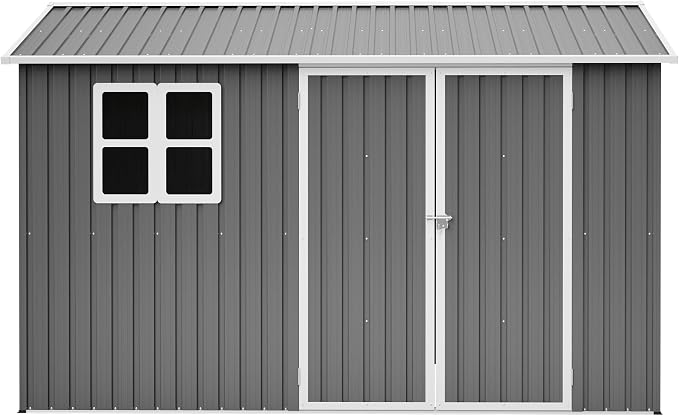 PVWIIK 10x8 FT Outdoor Storage Shed Metal, Heavy Duty Waterproof Steel Garden Tool Shed with Lockable Doors, Utility Storage Building for Backyard Patio Lawn Garden, Grey