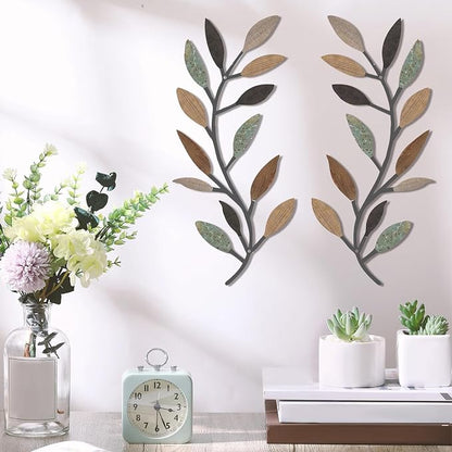 Zhengmy 2 Pieces Metal Tree Leaf Wall Decor Vine Olive Branch Leaf Wall Art Living Room, Hallway Wall Decor Outdoor Decoration(Classic Color)