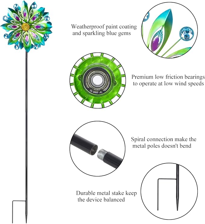 Viveta Kinetic Wind Spinner, 53 inch Outdoor Metal Wind Spinners for Yard and Garden, Double Windmill with Stable Stake | Double Windmill with Stable Stake, for Yard and Garden