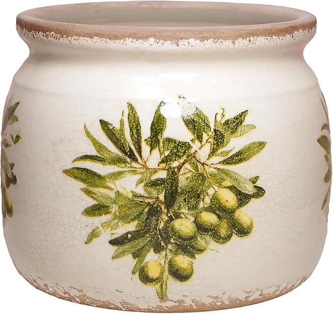 Xiaan Jiaju Mediterranean Ceramic Plant Pots with Olives Branches Pattern, 6.3 Inch Tuscan Planter for Indoor Plants, Rustic Farmhouse Home Kitchen Decor, Tuscan Vase for Centerpiece, Olive Green