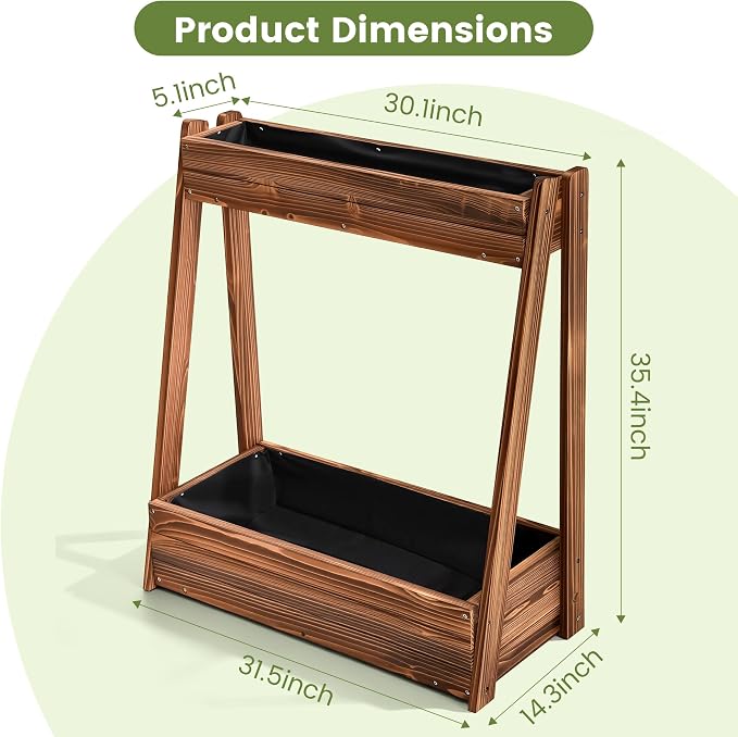 36" 2-Tier Freestanding Elevated Wooden Raised Garden Bed | Tiered fir wood planter with 23" vertical space, drainage holes, liner, and no-bend height for herbs, veggies, or flowers