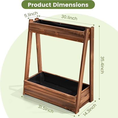 36" 2-Tier Freestanding Elevated Wooden Raised Garden Bed | Tiered fir wood planter with 23" vertical space, drainage holes, liner, and no-bend height for herbs, veggies, or flowers