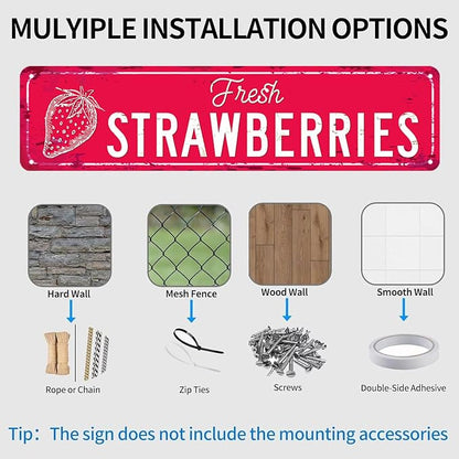 Strawberry Sign Vintage Metal Tin Sign Fresh Strawberries Signs Farmers Market Decor Home Kitchen Cottage Farm Art Plaque Wall Decoration 16x4 Inches