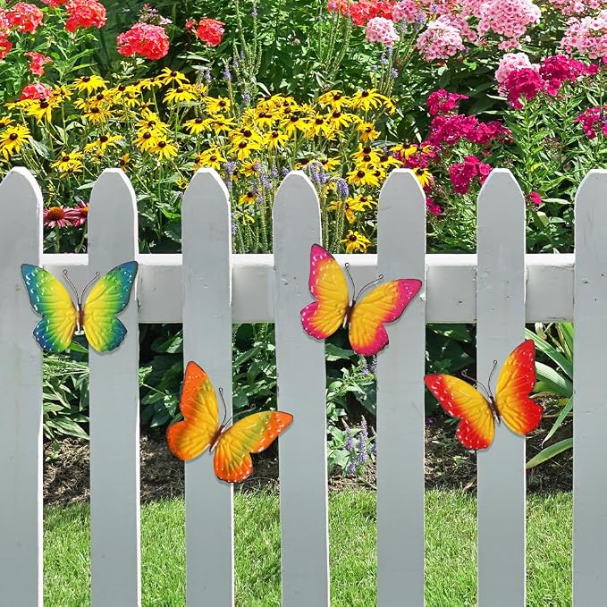 dreamskip Metal Butterfly Wall Decor Art, 4 Pack Colorful Metal Butterflies, Hand Painted for Garden, Yard, Fence, Patio, Living Room, Bedroom Decoration