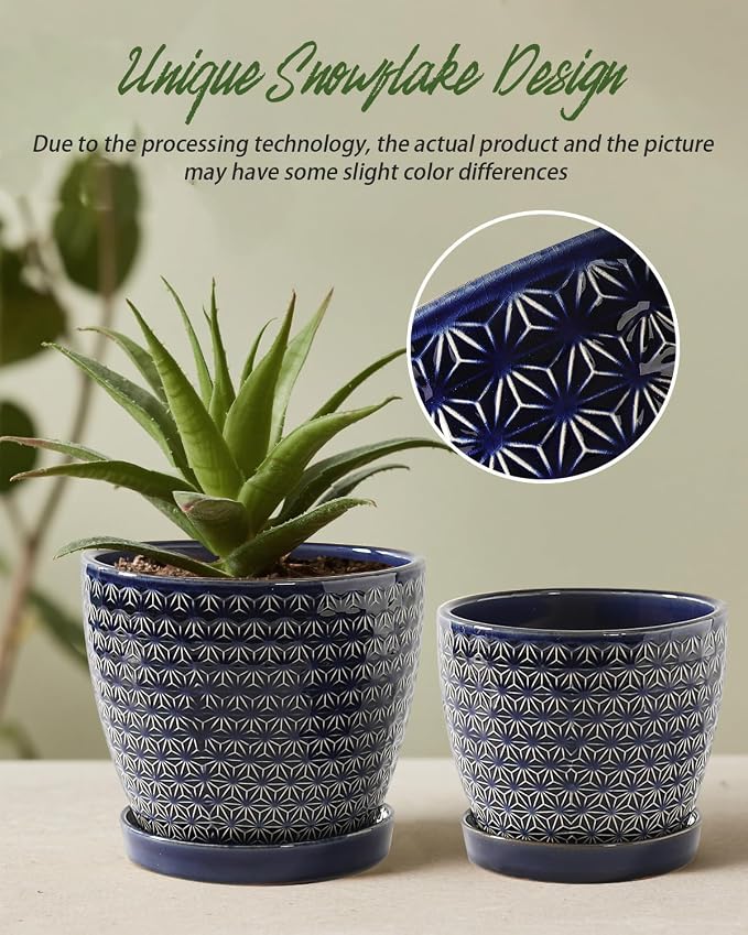Plant Pots, Planters for Indoor Plants, Ceramic Plant Pots, 6.5+5.5 inch Plant Pot with Drainage and Saucer, Pots for Plants with Hole Mesh Pad, Set of 2, Reactive Glaze Blue